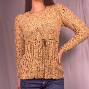 Cozy marled butter yellow ribbed crewneck sweater with suede waist tie Size L